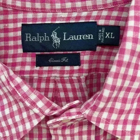 Ralph Lauren Men’s 100% Linen Short Sleeve  button shirt  Pink white  blue pony - Picture 4 of 5